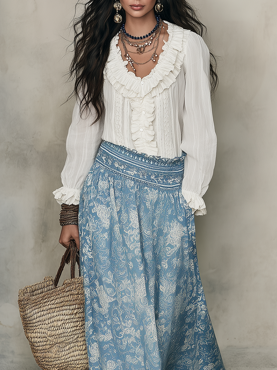 Bohemian White Ruffle Blouse & Blue Jacquard  – Effortless Resort Elegance Midi Skirt