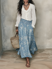 Bohemian White Ruffle Blouse & Blue Jacquard  – Effortless Resort Elegance Midi Skirt