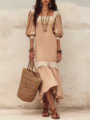 Flowy Nude Ruffled Dress With Puff Sleeves — An Elegant With Effortless Feminine Style  Maxi Dress