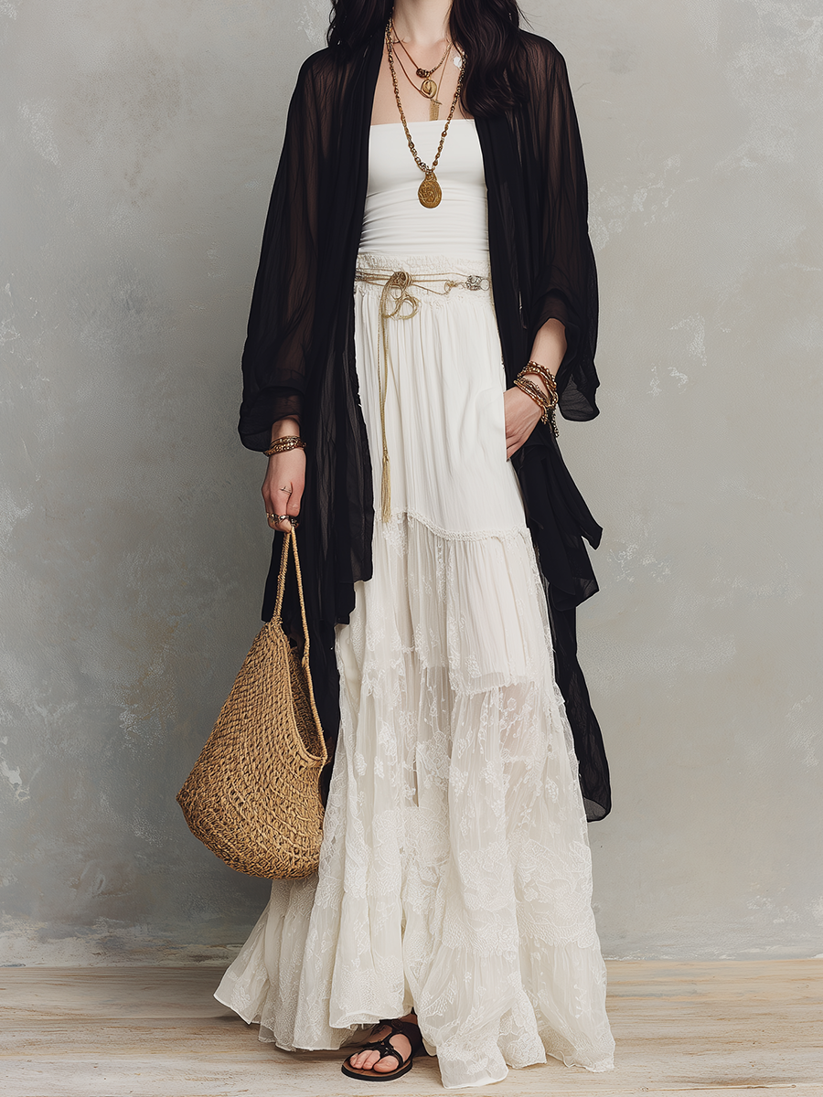 Black Sheer Duster & Ivory Lace Tiered  – Modern Bohemian Elegance Maxi Skirt