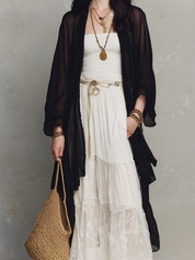 Black Sheer Duster & Ivory Lace Tiered  – Modern Bohemian Elegance Maxi Skirt