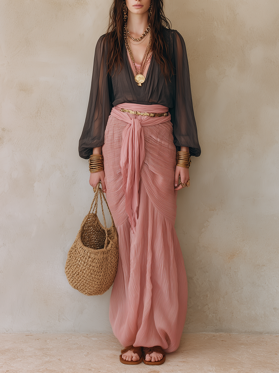 Boho Luxe Ensemble With Deep V Sheer Top & Flowing Pink Skirt – Feminine Resort Style