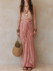 Boho Luxe Ensemble With Deep V Sheer Top & Flowing Pink Skirt – Feminine Resort Style