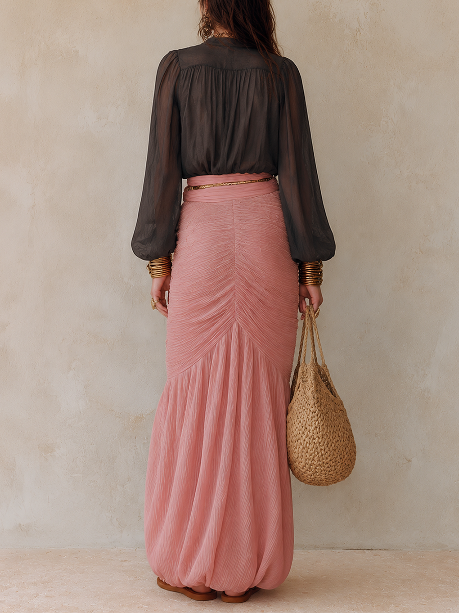 Boho Luxe Ensemble With Deep V Sheer Top & Flowing Pink Skirt – Feminine Resort Style
