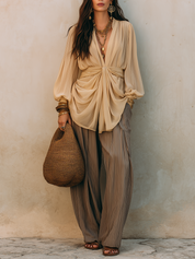 Beige Draped Blouse & Pleated Wide-Leg Pants – Effortless Boho Luxe