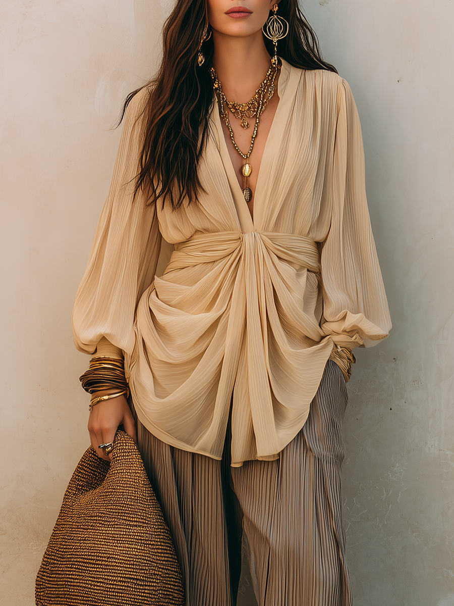 Beige Draped Blouse & Pleated Wide-Leg Pants – Effortless Boho Luxe