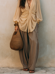 Beige Draped Blouse & Pleated Wide-Leg Pants – Effortless Boho Luxe