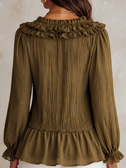 Olive Ruffle Collar Button Blouse – Effortless Boho Chic Everyday Look
