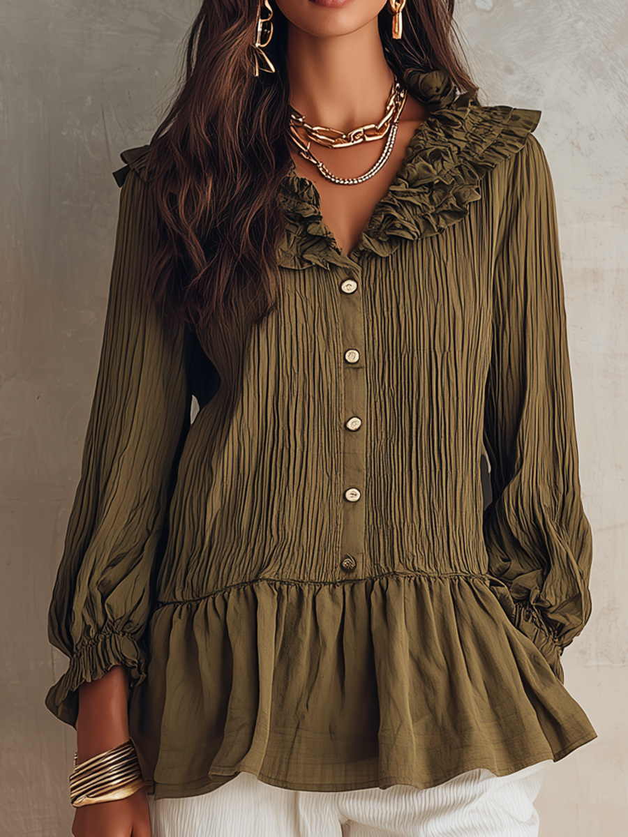 Olive Ruffle Collar Button Blouse – Effortless Boho Chic Everyday Look