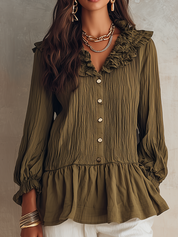 Olive Ruffle Collar Button Blouse – Effortless Boho Chic Everyday Look