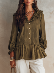 Olive Ruffle Collar Button Blouse – Effortless Boho Chic Everyday Look