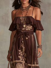 Elegant Chocolate Brown Floral Off-Shoulder Maxi Dress