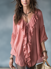 Romantic Dusty Pink Ruffle V-Neck Bohemian Blouse Top