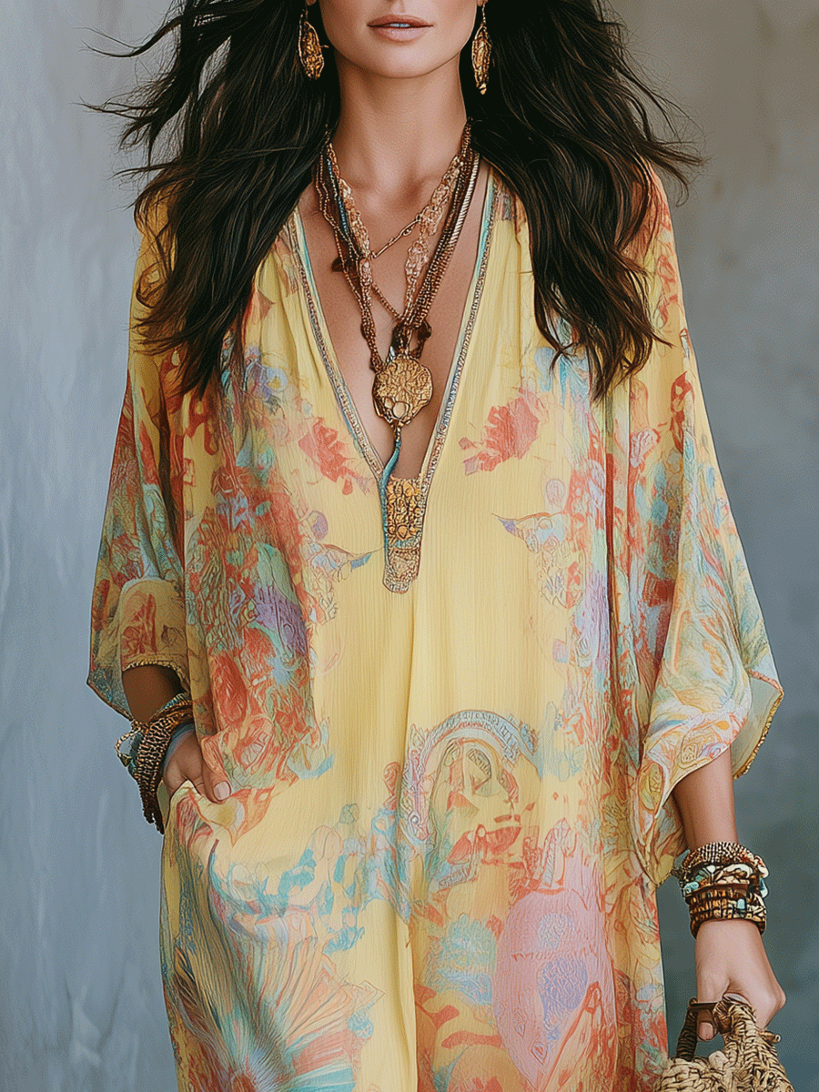 Elegant Vacation Golden Sunset Boho Oversized Caftan Maxi Dress
