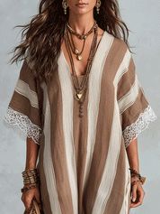 Effortless Coastal Elegance Neutral Stripe Lace Trim Maxi Dress