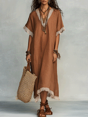 Effortless Coastal Elegance Earth-Tone Linen Blend Kaftan Maxi Dress