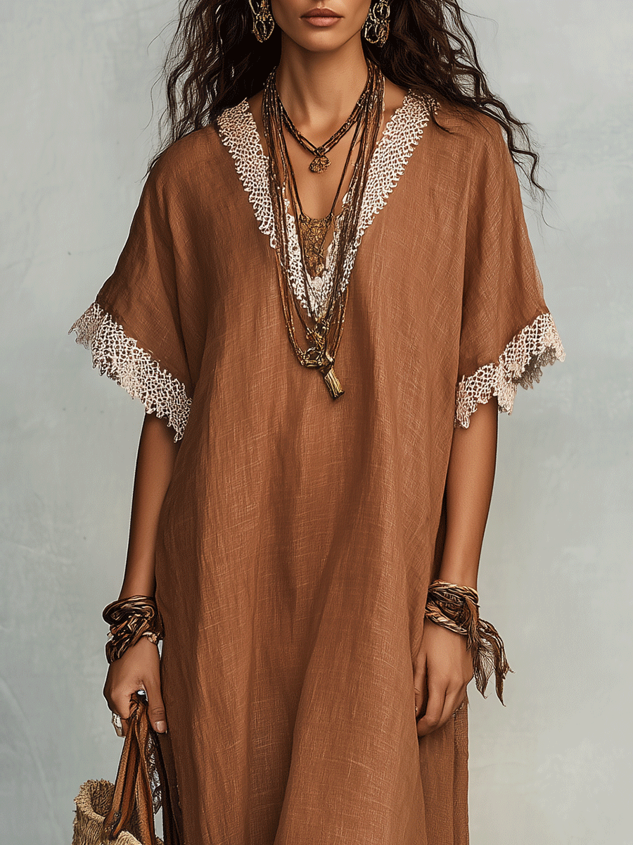 earth tone maxi dress Effortless Coastal Elegance Earth-Tone Linen Blend Kaftan Maxi Dress GLOERIA