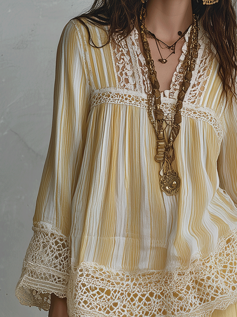 Elegant Vacation Vintage Lace Panel Peasant Blouse