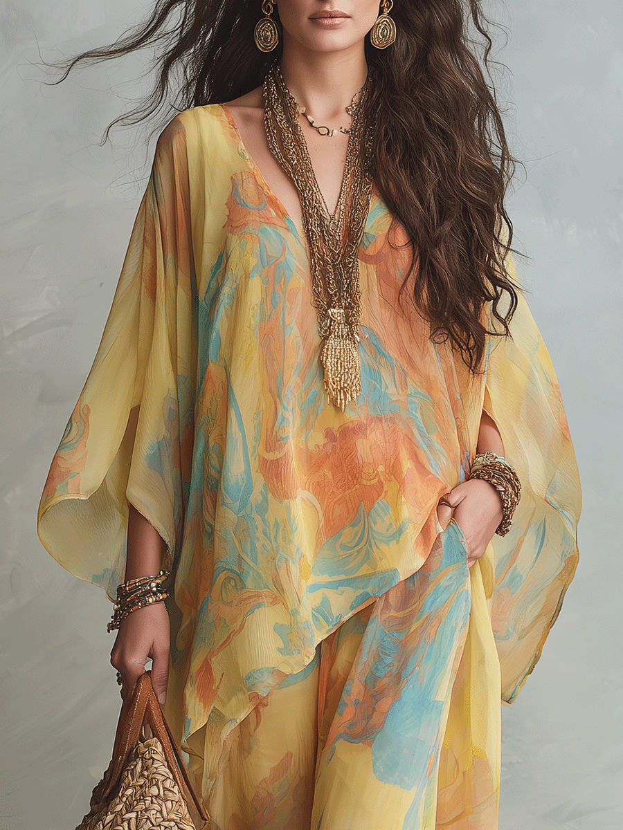 Bohemian Sunset Bloom Resort Maxi Kaftan Top And Pant Set