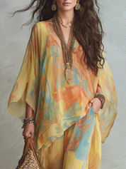 Bohemian Sunset Bloom Resort Maxi Kaftan Top And Pant Set