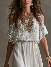 Bohemian White Off-shoulder Sequined Chiffon Maxi Dress