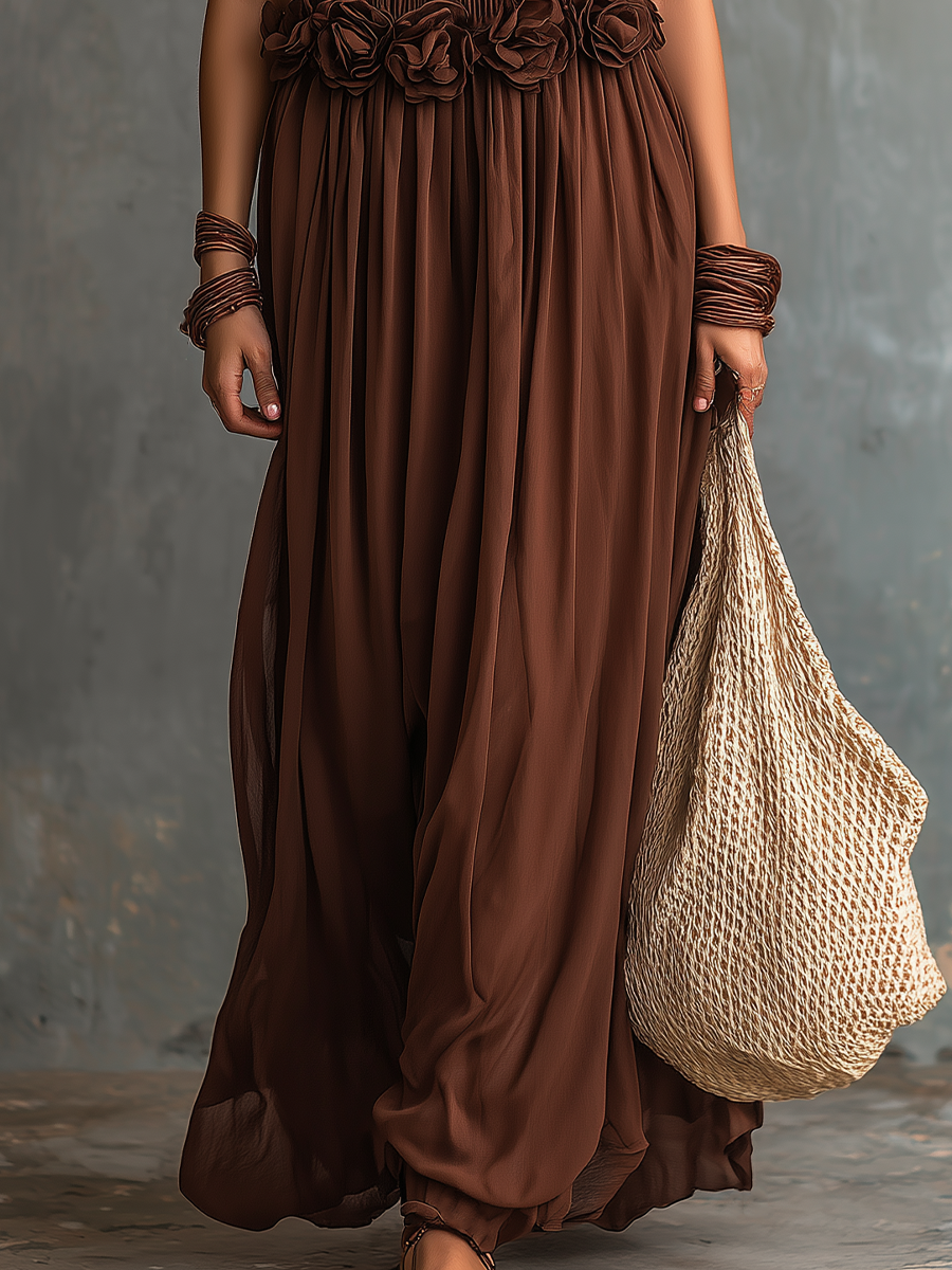 chocolate brown ruffle dress Chocolate Ruffled Dress with Long Flared Sleeves, Drawstring Waist & Flowing Silhouette Audrina Dress by EASY CLOTHES Size S-M
