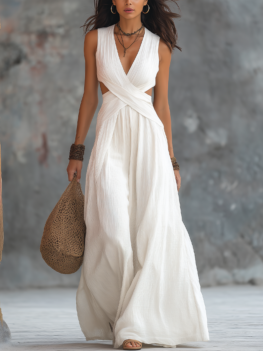 Elegant Ivory Crisscross Cutout Halter Maxi Dress