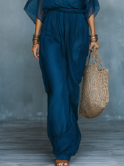 Minimalist Deep Blue Sheer Sleeve Wide-Leg Pant Set