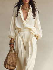 Elegant Ivory Lightweight Cotton-blend Ruffled V-neck Shirt And Loose High-waisted —Bohemian-style Two-piece Outfit Wide-leg Trousers Set