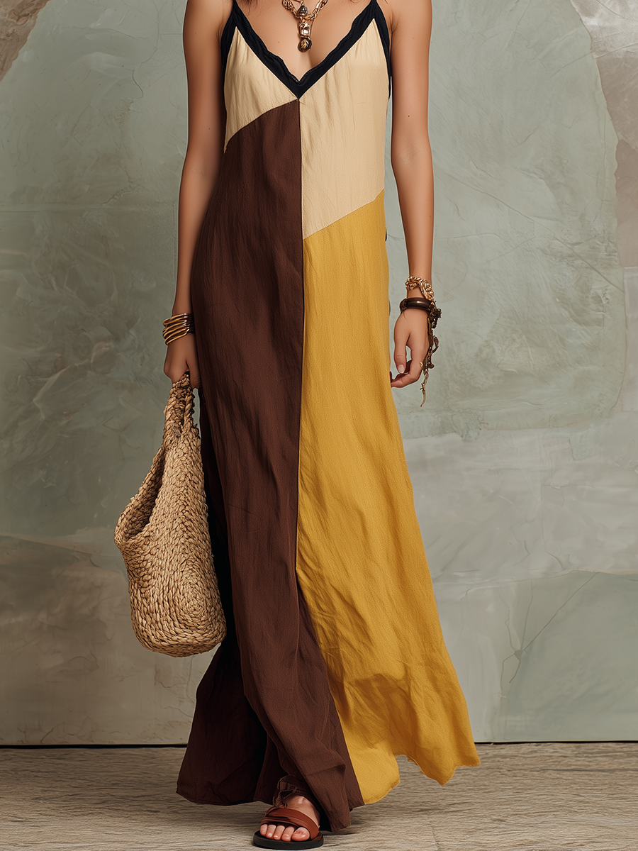 Chic Earth Tone Colorblock Soft Rayon Blend Relaxed A-Line Sleeveless Maxi Dress Boho Vacation Dress