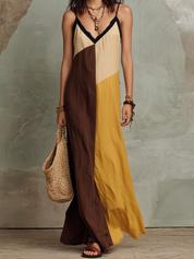 Chic Earth Tone Colorblock Soft Rayon Blend Relaxed A-Line Sleeveless Maxi Dress Boho Vacation Dress