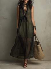 Chic Dark Olive Lightweight Organza Blend Relaxed A-Line Sleeveless Layered Boho Maxi Dress