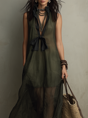 Chic Dark Olive Lightweight Organza Blend Relaxed A-Line Sleeveless Layered Boho Maxi Dress