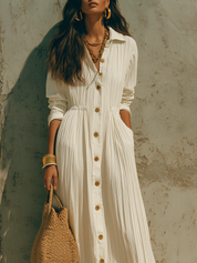 Minimalist Ivory Textured Long Sleeve Belted Midi Shirt Dress