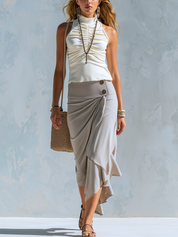 Bohemian Style Gray Pleated Button Down Skirt