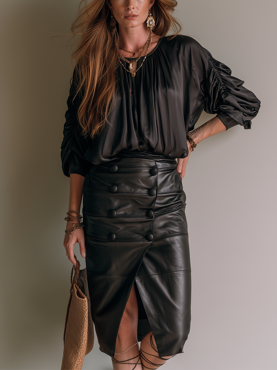 Bohemian Black Ruched Satin Shirt