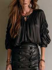 Bohemian Black Ruched Satin Shirt