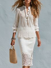 Bohemian  Lace Trimmed Shirt And Midi Skirt Set