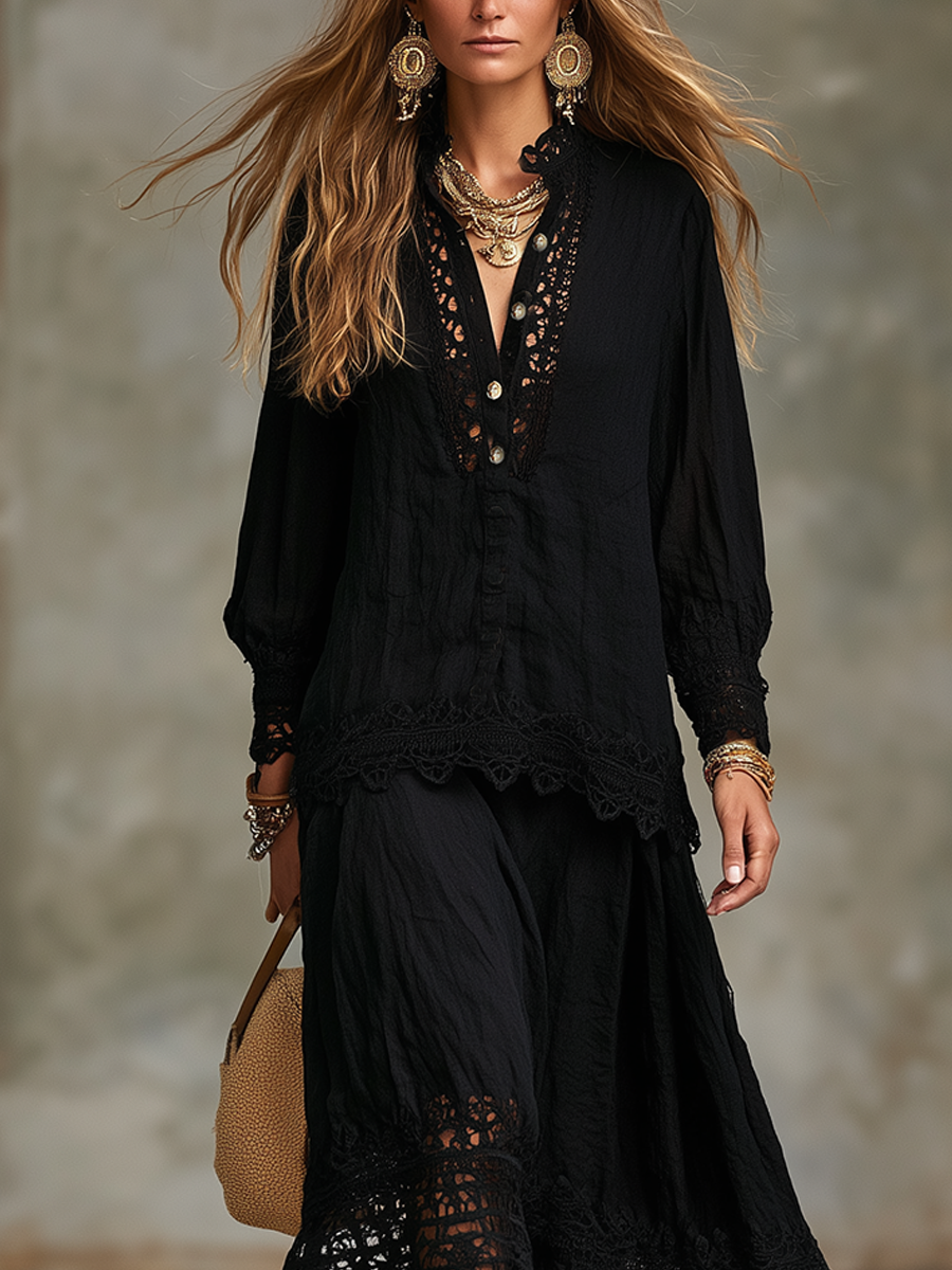 Bohemian Black Lace Shirt and Skirt Set