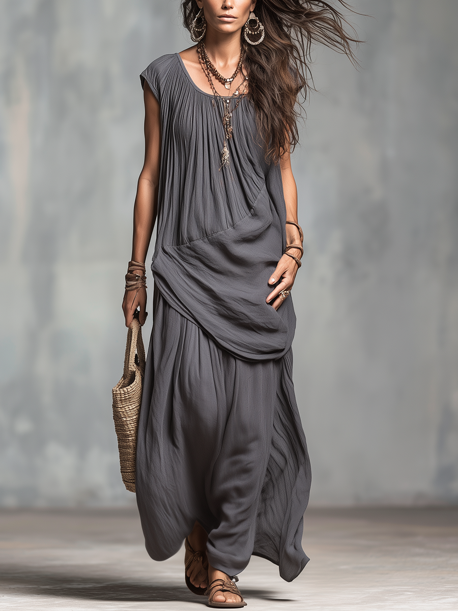 Minimalist Charcoal Grey Draped Layered Maxi Dress