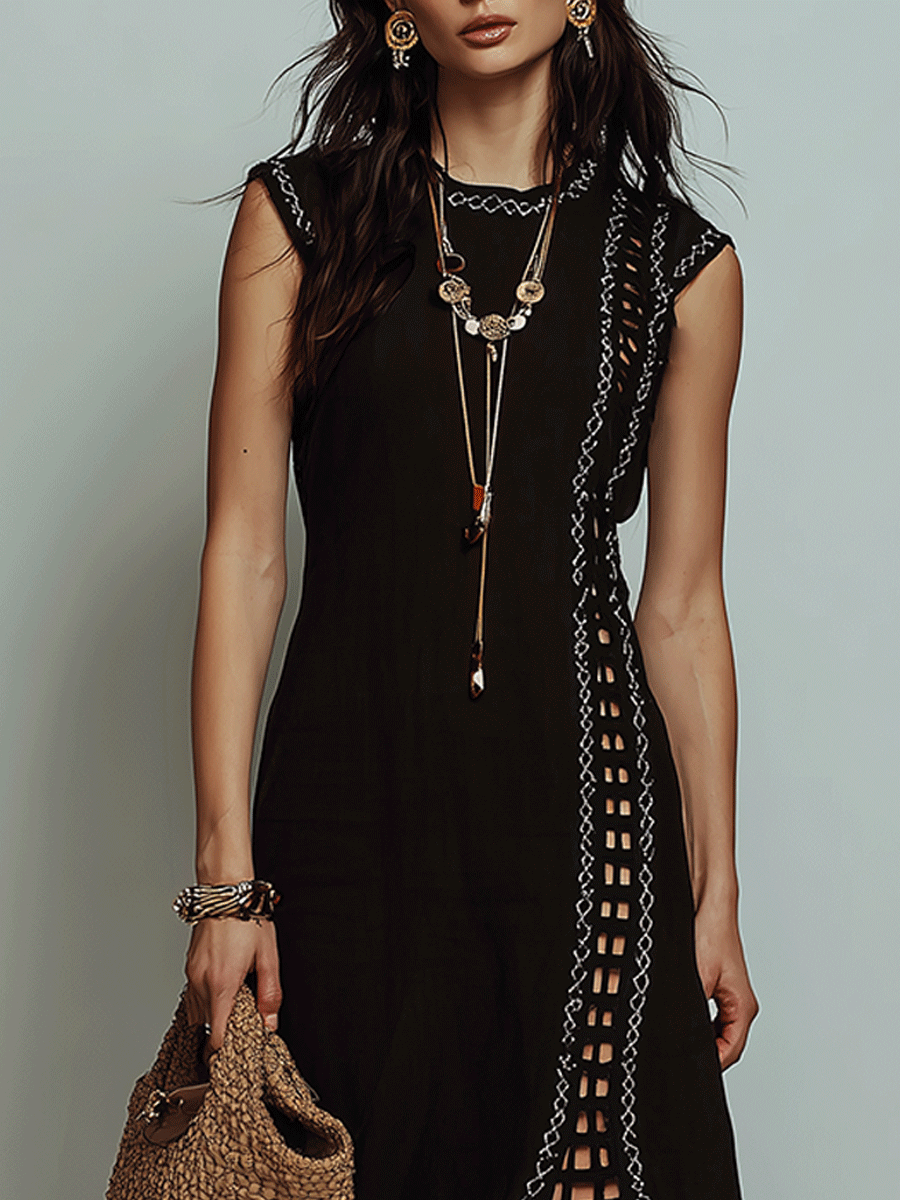 Effortless Coastal Elegance Black Crochet Trim High-Slit Midi Dress