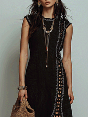 Effortless Coastal Elegance Black Crochet Trim High-Slit Midi Dress