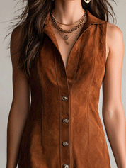 Bohemian Suede-Look Resort Cognac Brown Button-Front Midi Dress