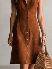 Bohemian Suede-Look Resort Cognac Brown Button-Front Midi Dress
