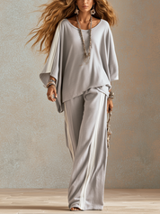 Bohemian Gray Cotton Linen Wide Leg Pants Suit