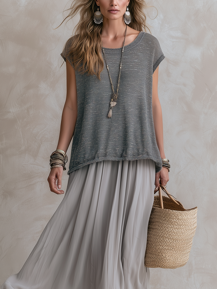 Elegant Gray Knit Top And Chiffon Skirt Set