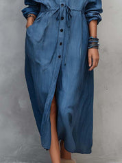 Vintage-style Long Sleeves Denim Shirt Midi Dress