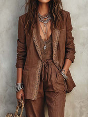 Vintage Lace Trim Cotton-linen Suit Set