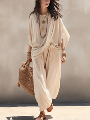 Effortless Beige Draped Sleeveless Co-ord Set