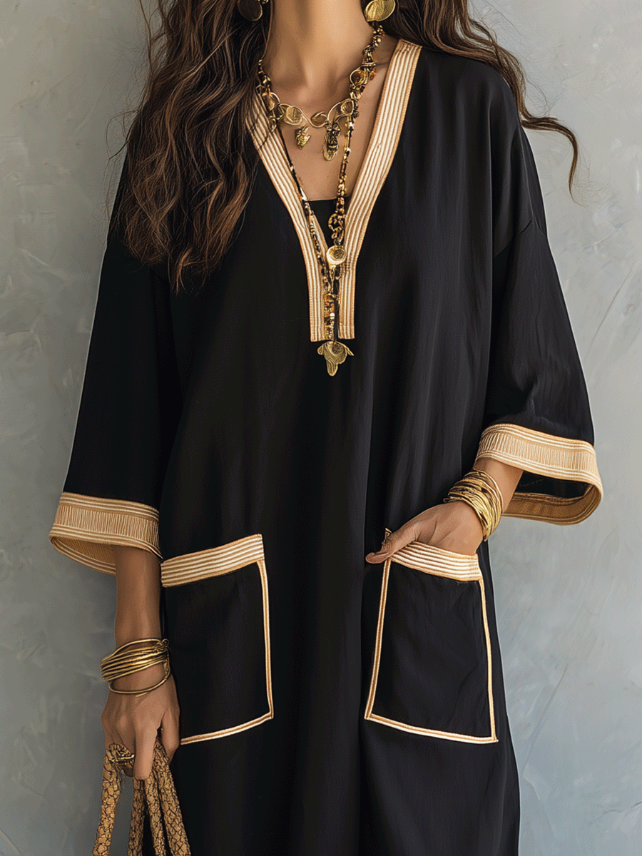 Effortless Coastal Elegance Black Tunic Pocket Detail Kaftan Midi Dress